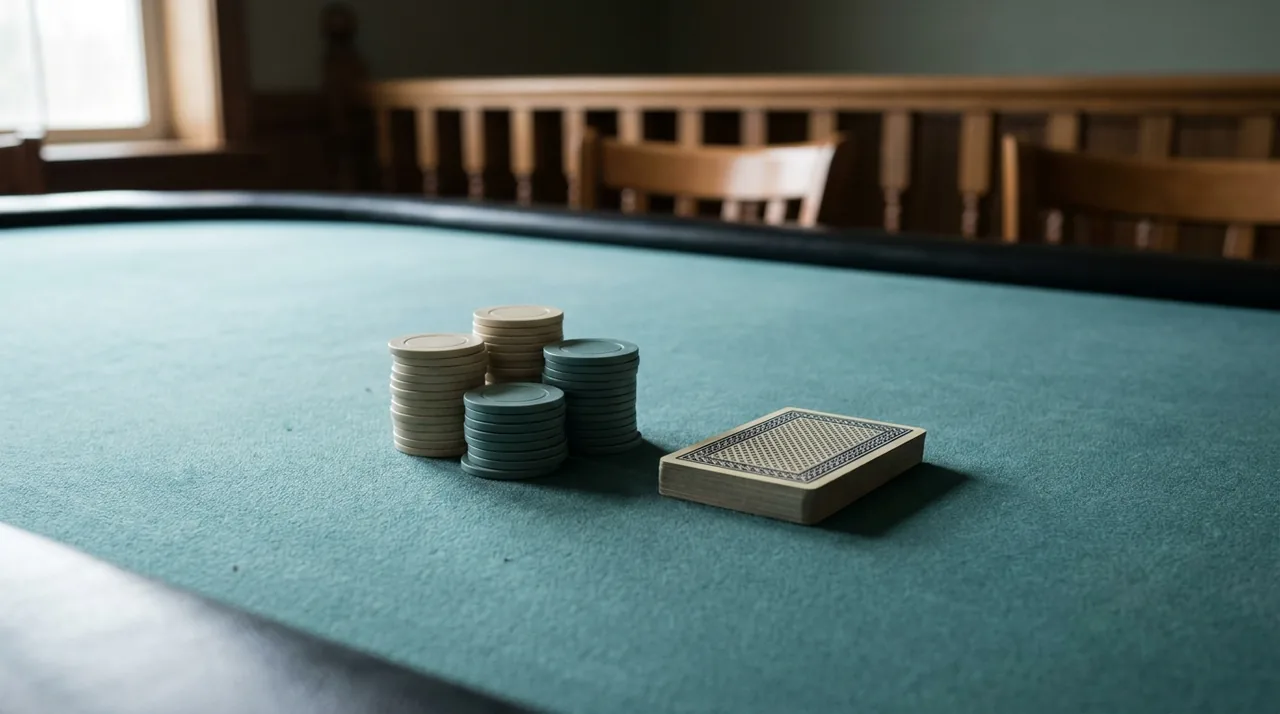 Face-down cards and blank chips on a teal felt table.