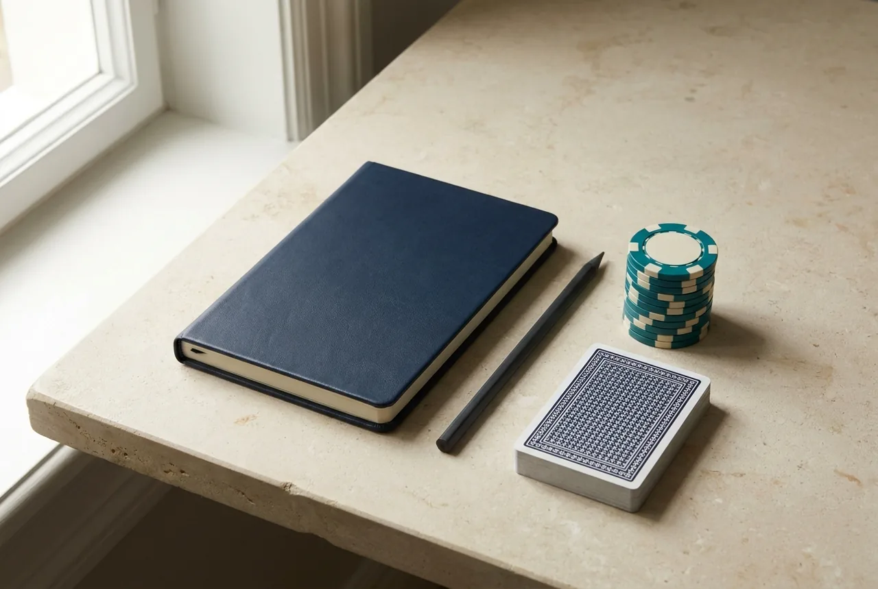 A closed notebook, pencil, face-down cards and teal chips on a light stone table.