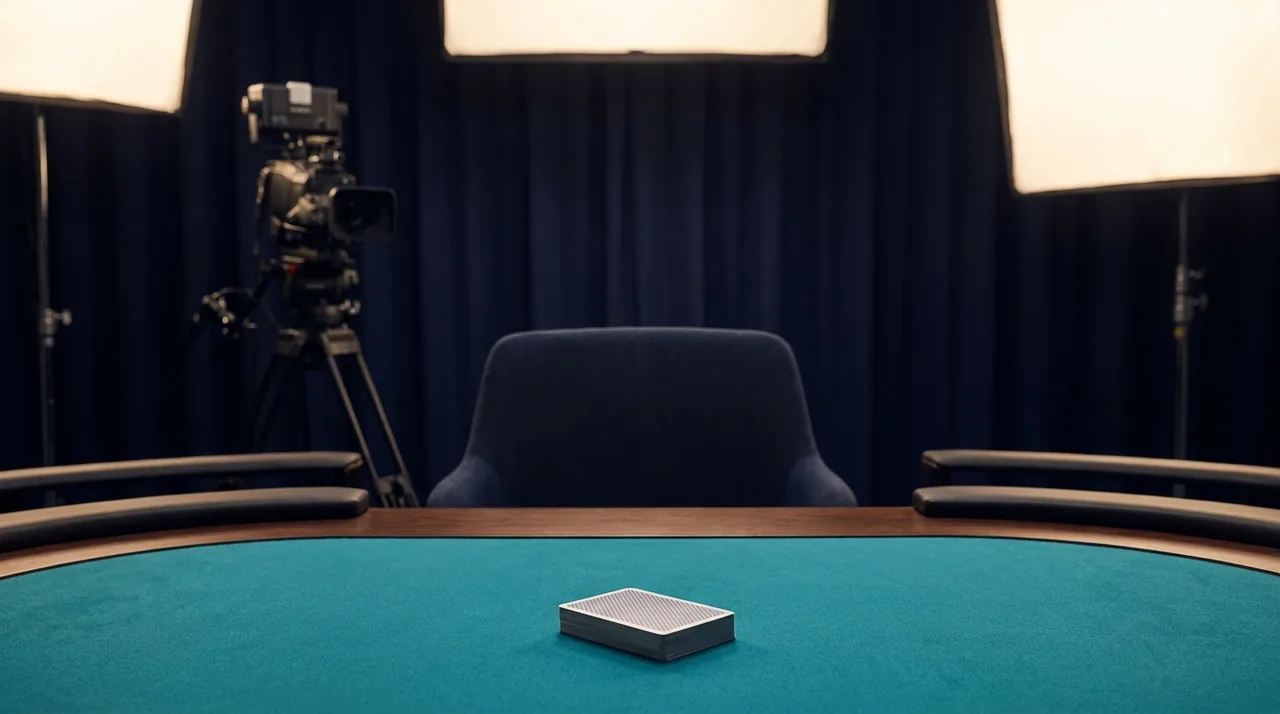 An empty card table and camera in a generic studio.
